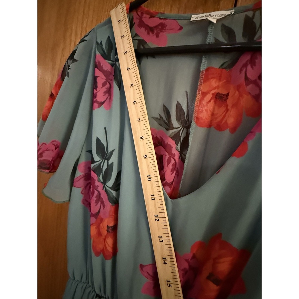 Vintage Charlotte Russe Dress Wm M Green Pink Red Roses Midi to Maxi Faux Wrap - Picture 9 of 9